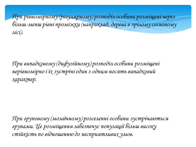 При рівномірному (регулярному) розподіл особини розміщені через більш-менш рівні проміжки (наприклад, дерева в зрілому